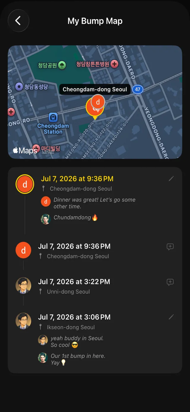 DoubleBump Bump Map showing a timeline of past meetings with notes.